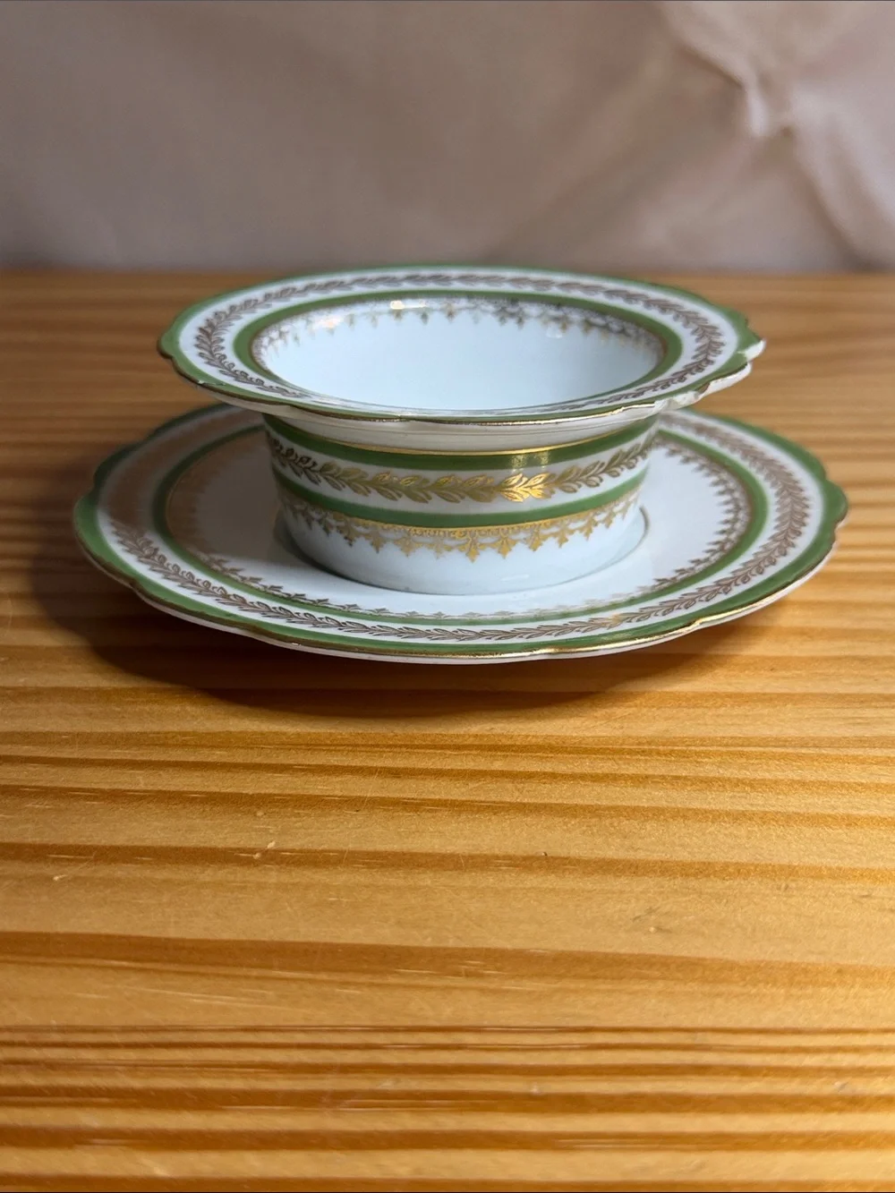 Antique Imperial China Austria Green Gold Ramekin & Underplate Set c.1900